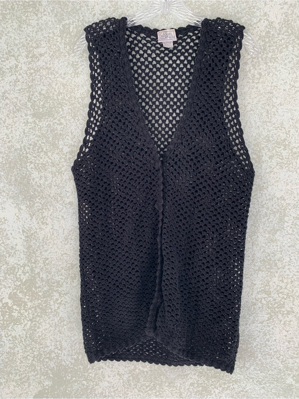 Casual Corner Black Crochet Open Knit Vest M Coverup Swim Ramie Cotton